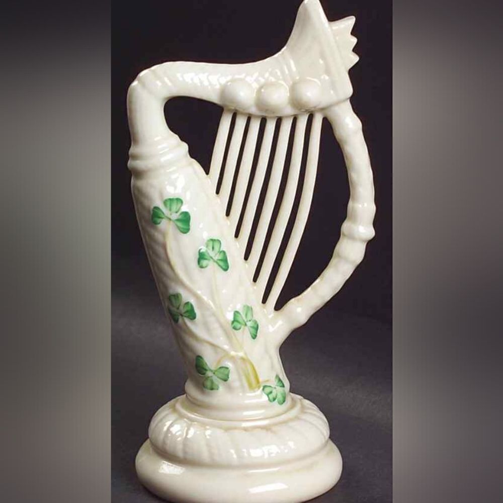Vintage Belleek 6" Shamrock Harp 7th Gold/Brown Mark 1980-1992